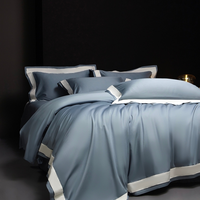 91家纺网 家纺一手货源 找家纺 南泉坊 2025新款亲肤舒适全棉纯棉长绒棉双层荷叶边撞色四件套-休斯顿 休斯顿-天蓝