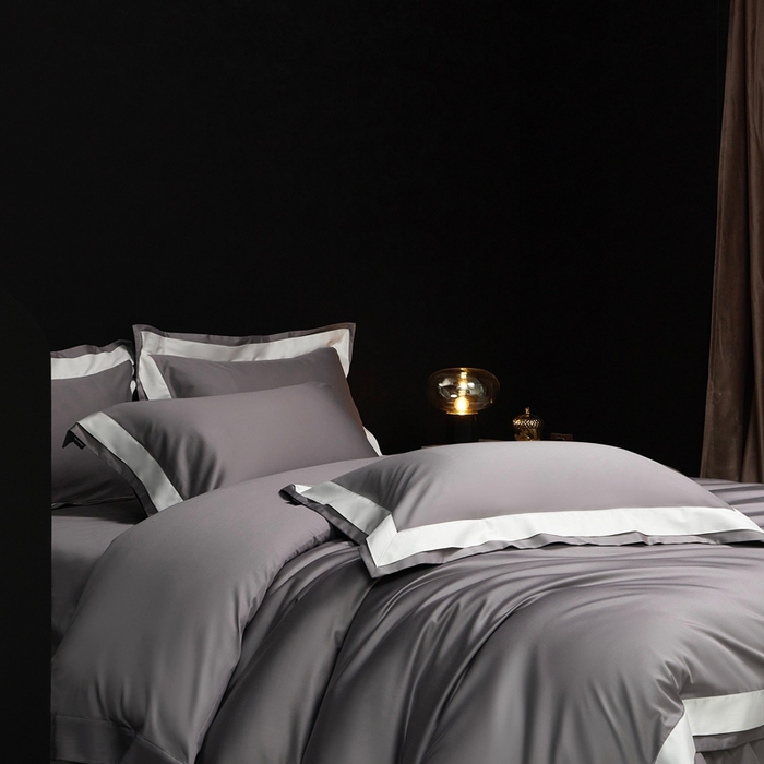 91家纺网 家纺一手货源 找家纺 南泉坊 2025新款亲肤舒适全棉纯棉长绒棉双层荷叶边撞色四件套-休斯顿 休斯顿-浅灰