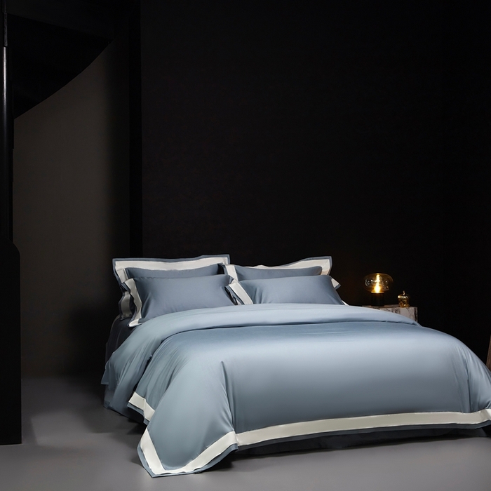 91家纺网 家纺一手货源 找家纺 南泉坊 2025新款亲肤舒适全棉纯棉长绒棉双层荷叶边撞色四件套-休斯顿 休斯顿-天蓝