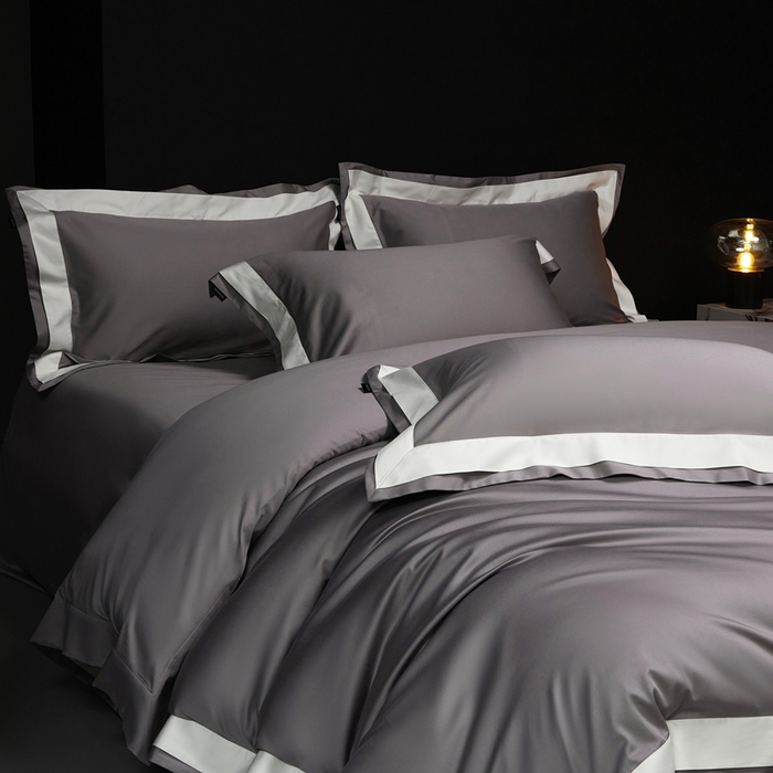 91家纺网 家纺一手货源 找家纺 南泉坊 2025新款亲肤舒适全棉纯棉长绒棉双层荷叶边撞色四件套-休斯顿 休斯顿-浅灰