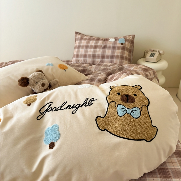 91家纺网 家纺一手货源 找家纺 锦觅 2025秋冬A类数码印花全棉纯棉磨毛绣花保暖四件套 欢乐巴拉