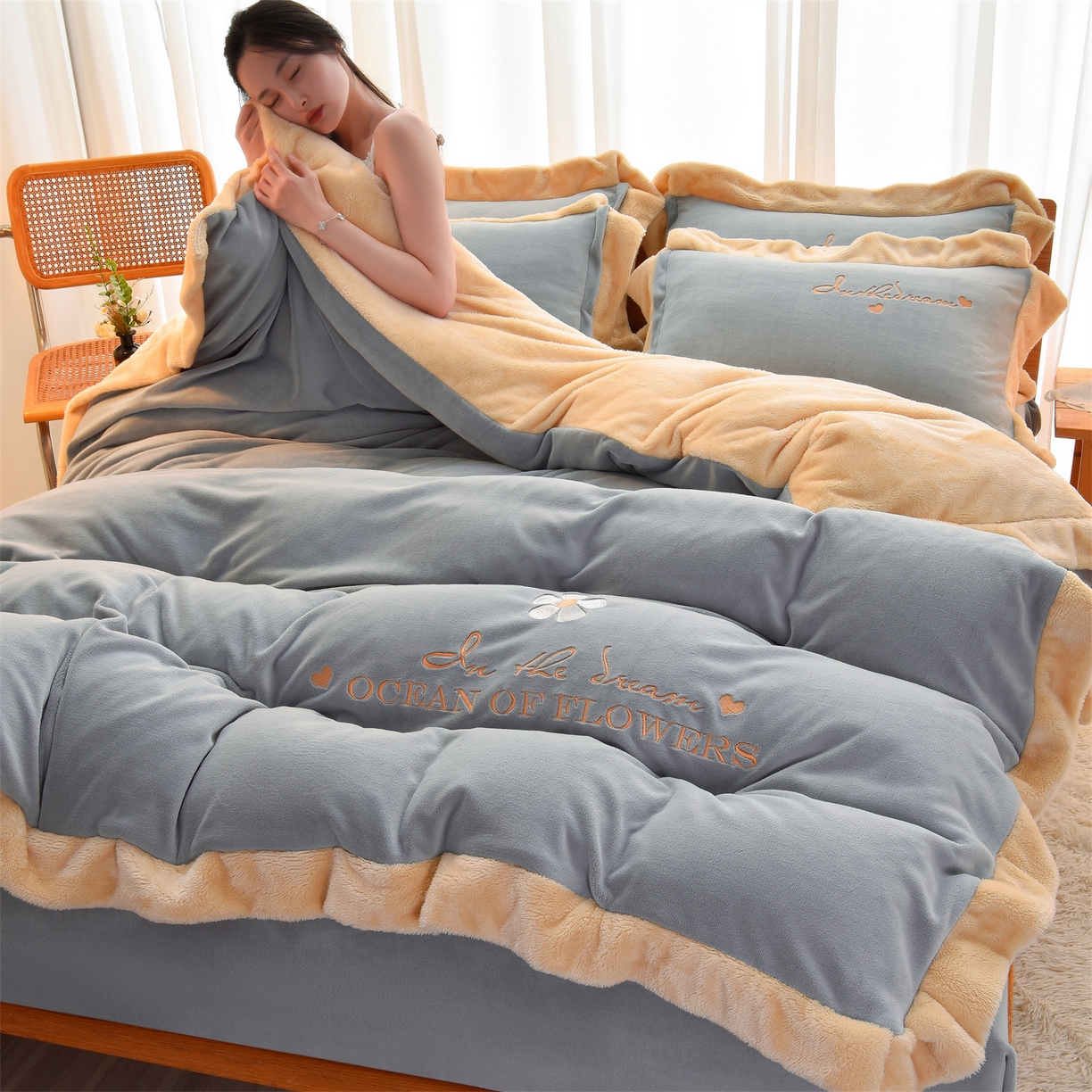 91家纺网 家纺一手货源 找家纺 笙意 新款牛奶绒刺绣四件套-繁花系列 繁花-海清