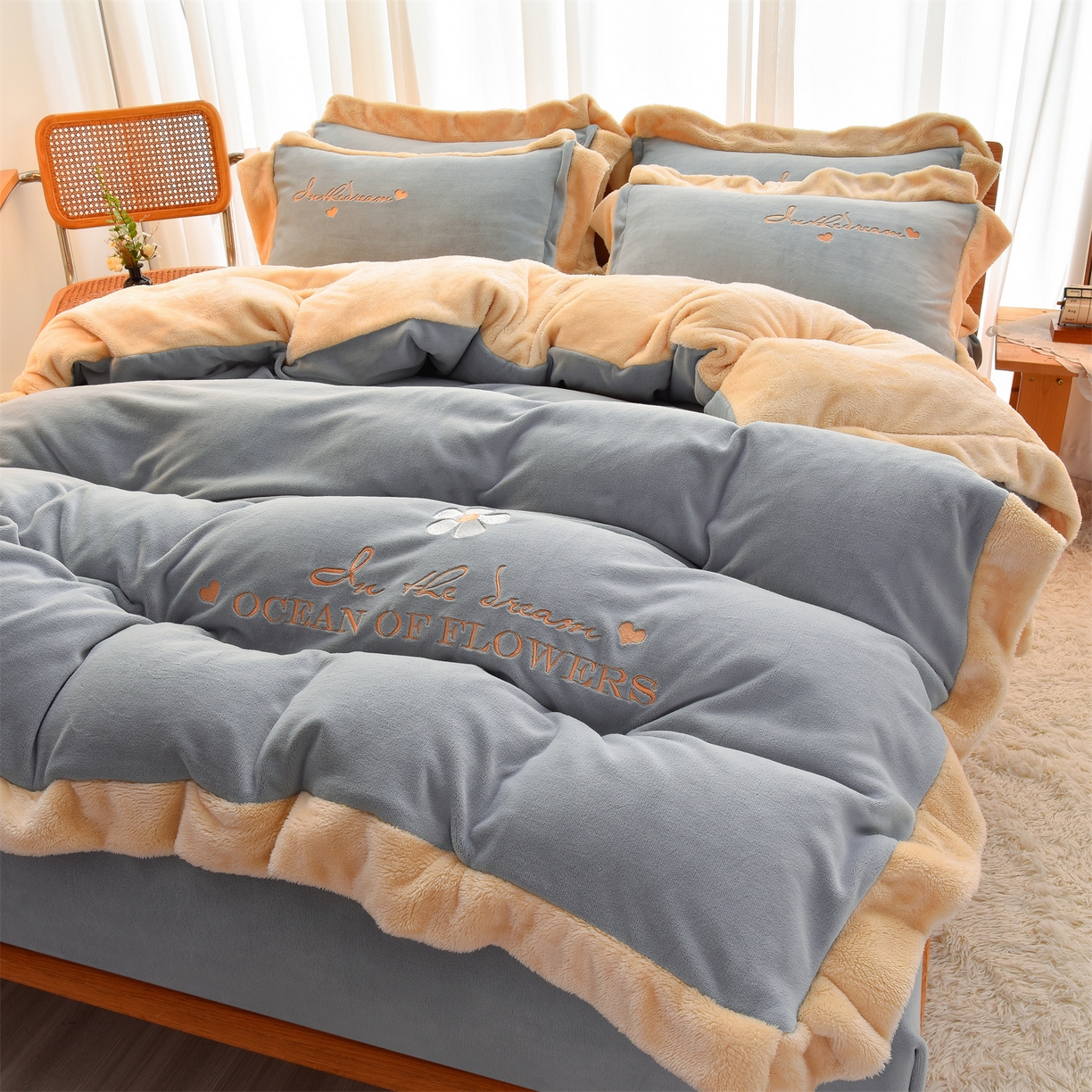 91家纺网 家纺一手货源 找家纺 笙意 新款牛奶绒刺绣四件套-繁花系列 繁花-海清