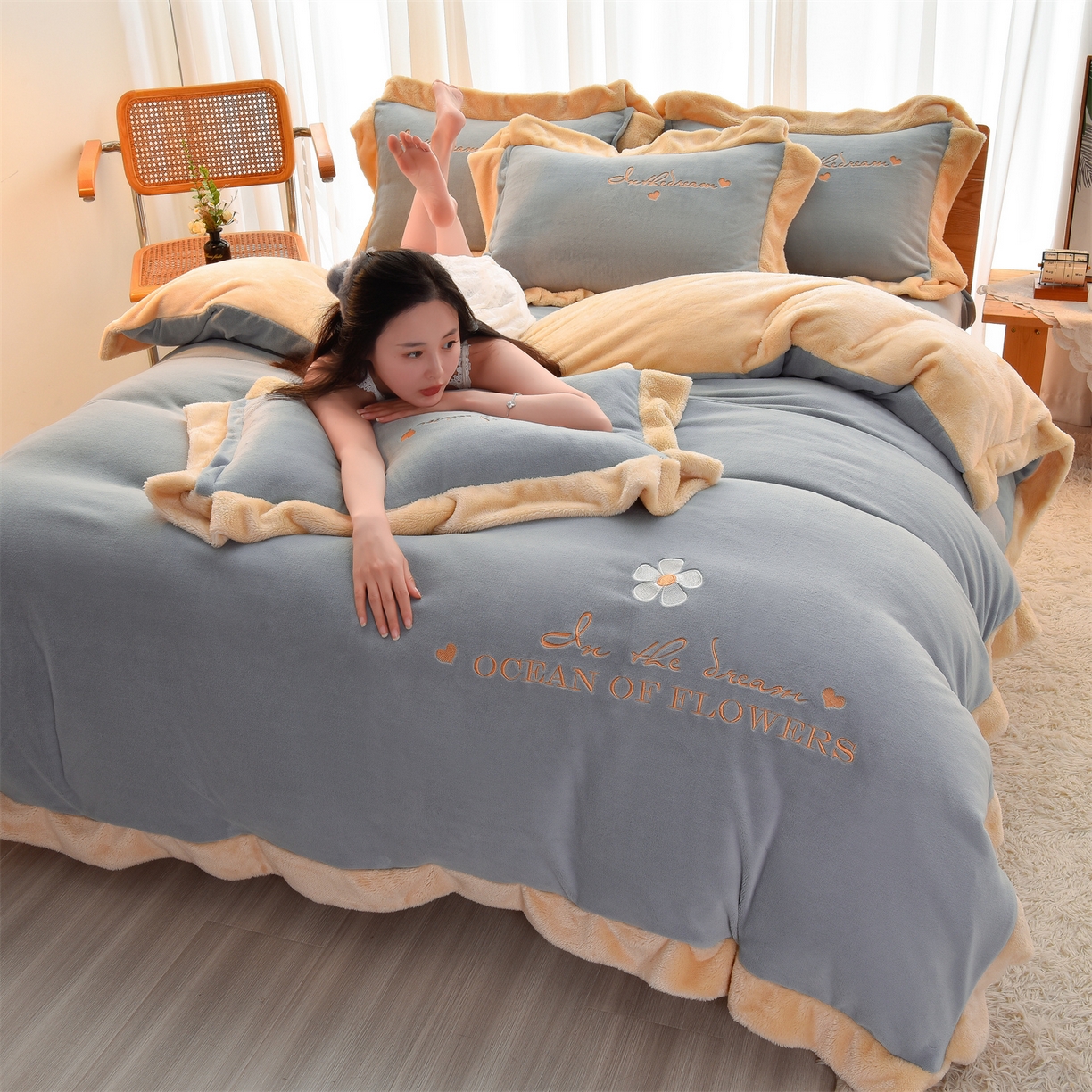 91家纺网 家纺一手货源 找家纺 笙意 新款牛奶绒刺绣四件套-繁花系列 繁花-海清