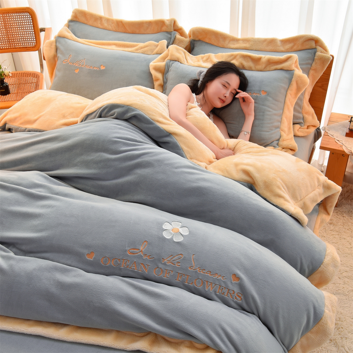 91家纺网 家纺一手货源 找家纺 笙意 新款牛奶绒刺绣四件套-繁花系列 繁花-海清