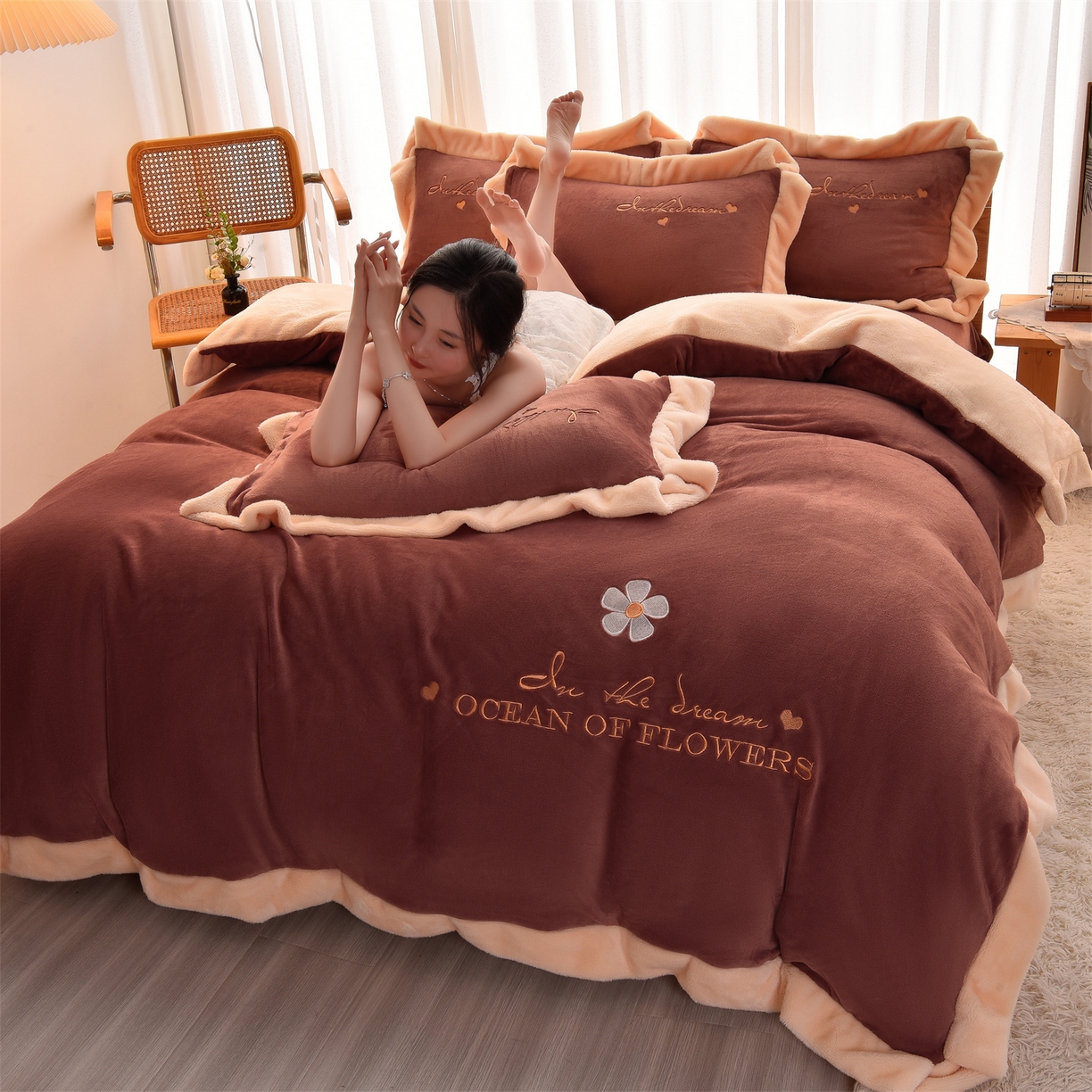 91家纺网 家纺一手货源 找家纺 笙意 新款牛奶绒刺绣四件套-繁花系列 繁花-蜜柚桔