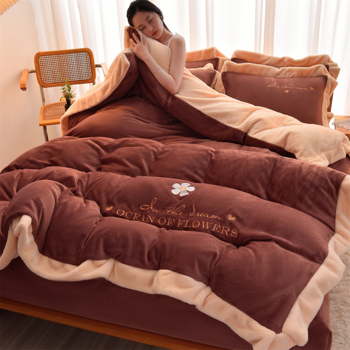 91家纺网 家纺一手货源 找家纺 笙意 新款牛奶绒刺绣四件套-繁花系列 繁花-蜜柚桔