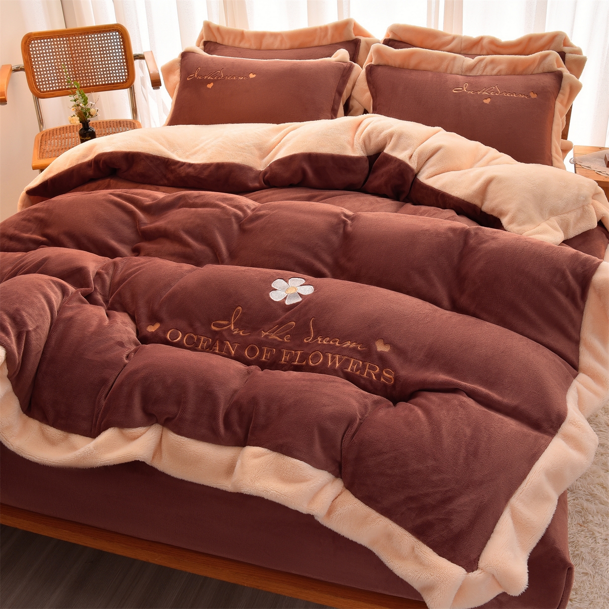 91家纺网 家纺一手货源 找家纺 笙意 新款牛奶绒刺绣四件套-繁花系列 繁花-蜜柚桔