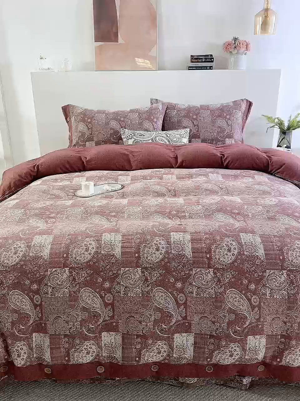 91家纺网 家纺一手货源 找家纺 鲁爱家纺供货 2025新款全棉色织提花四件套  兰亭序-豆沙