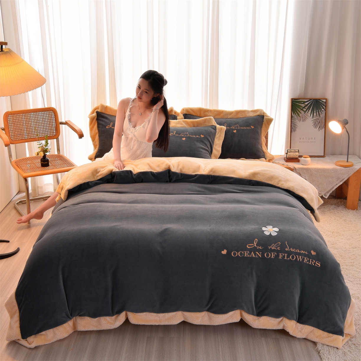 91家纺网 家纺一手货源 找家纺 笙意 新款牛奶绒刺绣四件套-繁花系列 繁花-绅士灰