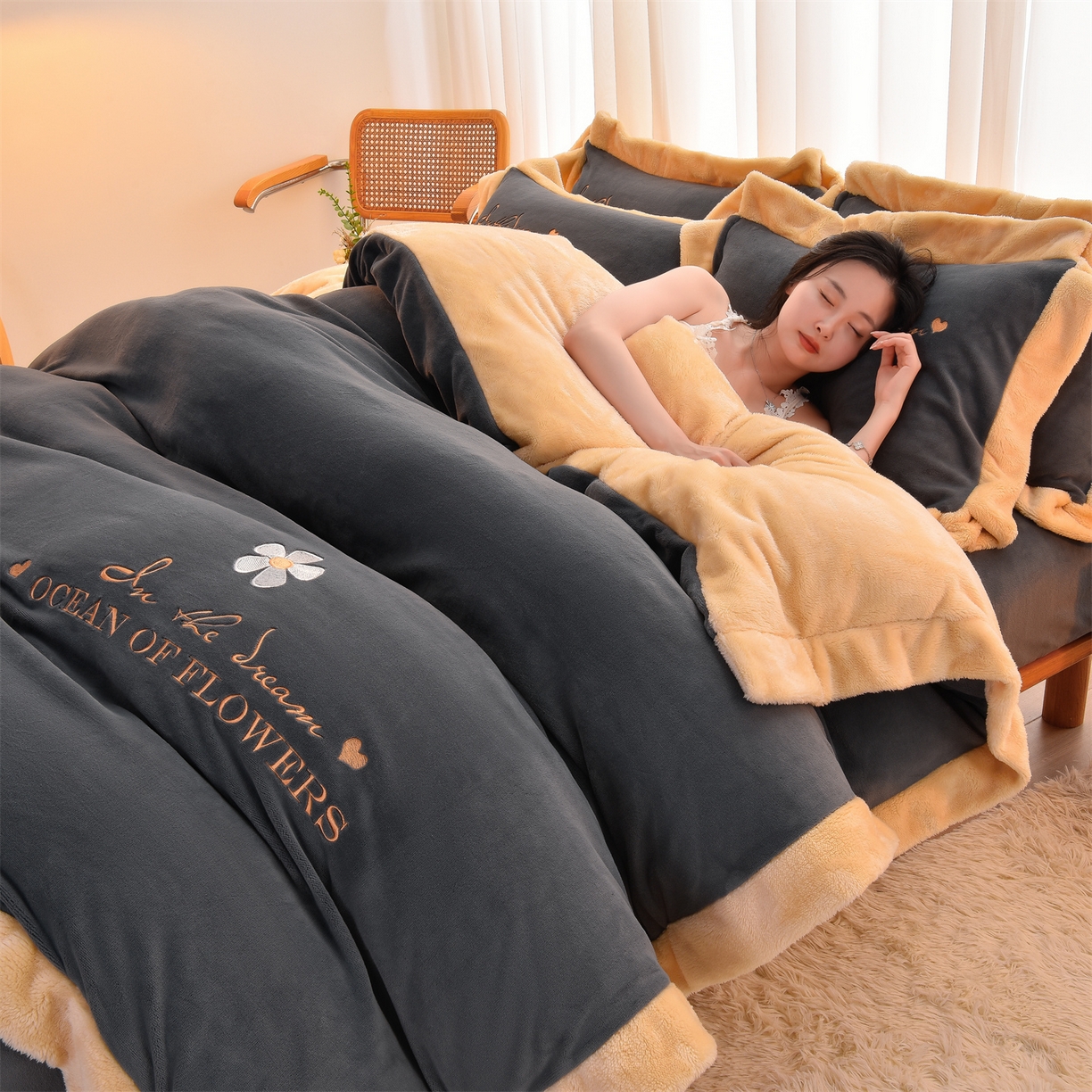 笙意 新款牛奶绒刺绣四件套-繁花系列 繁花-绅士灰