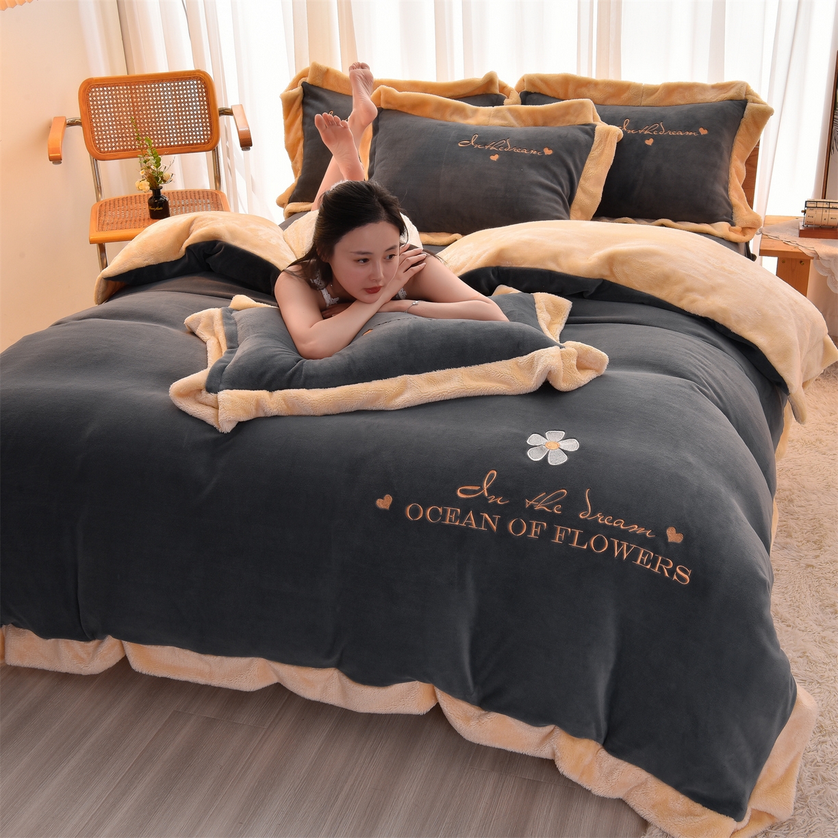 91家纺网 家纺一手货源 找家纺 笙意 新款牛奶绒刺绣四件套-繁花系列 繁花-绅士灰