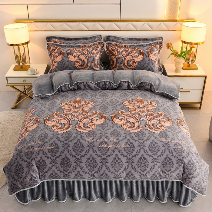 91家纺网 家纺一手货源 找家纺 曼尼家纺 2025新款7斤高克重牛奶绒四件套 浪漫灰