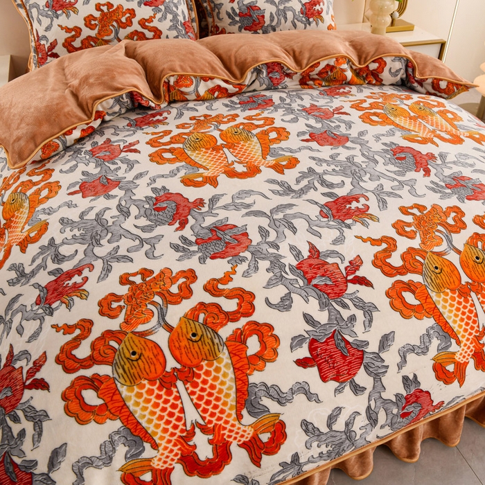 91家纺网 家纺一手货源 找家纺 曼尼家纺 2025新款7斤高克重牛奶绒四件套 年年有鱼