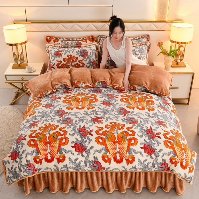 91家纺网 家纺一手货源 找家纺 曼尼家纺 2025新款7斤高克重牛奶绒四件套 年年有鱼