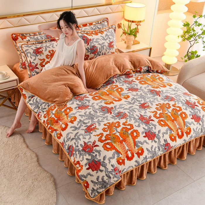 曼尼家纺 2025新款7斤高克重牛奶绒四件套 年年有鱼