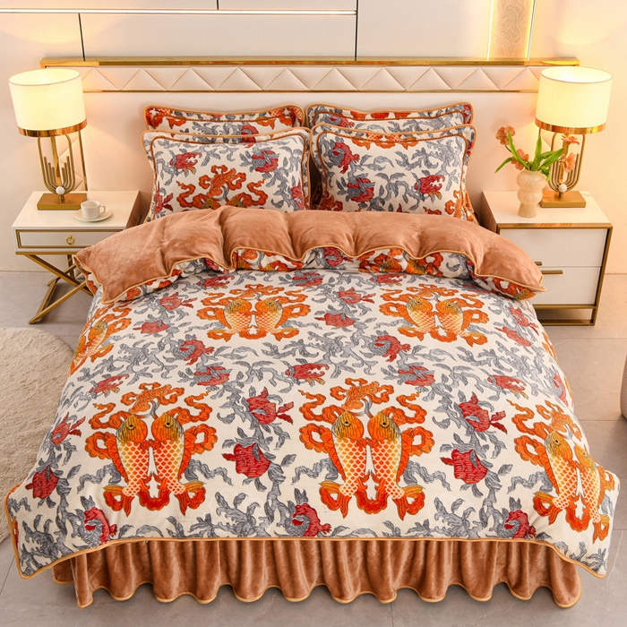 91家纺网 家纺一手货源 找家纺 曼尼家纺 2025新款7斤高克重牛奶绒四件套 年年有鱼