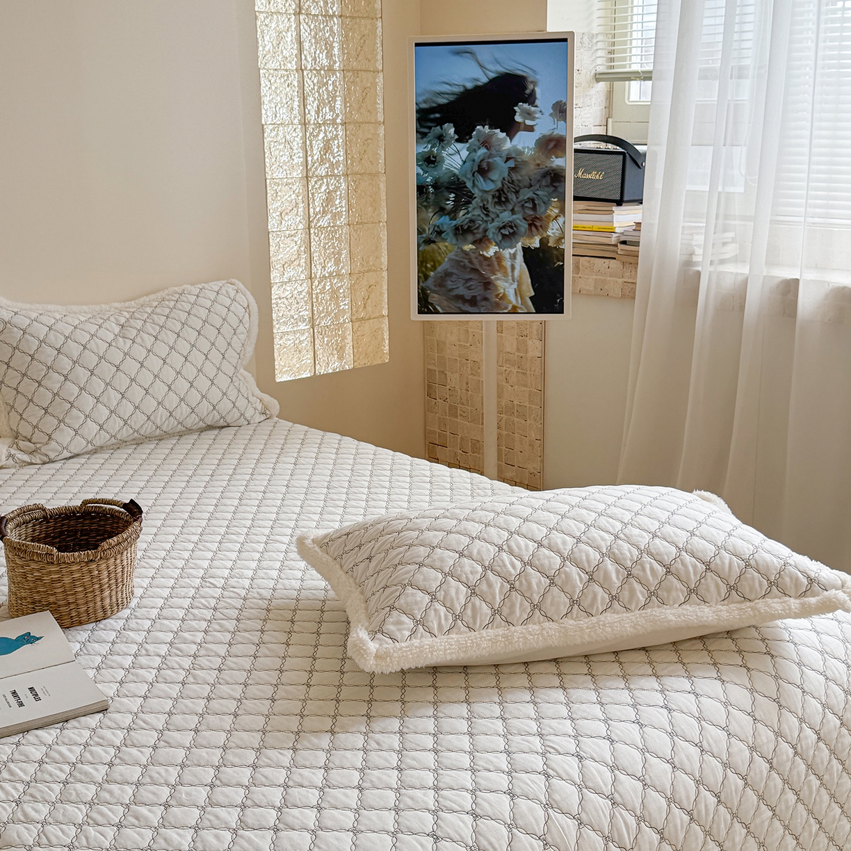 91家纺网 家纺一手货源 找家纺 （总）漫调家纺 2025新款全棉ins风蝴蝶结韩系奶油花边床盖三件套