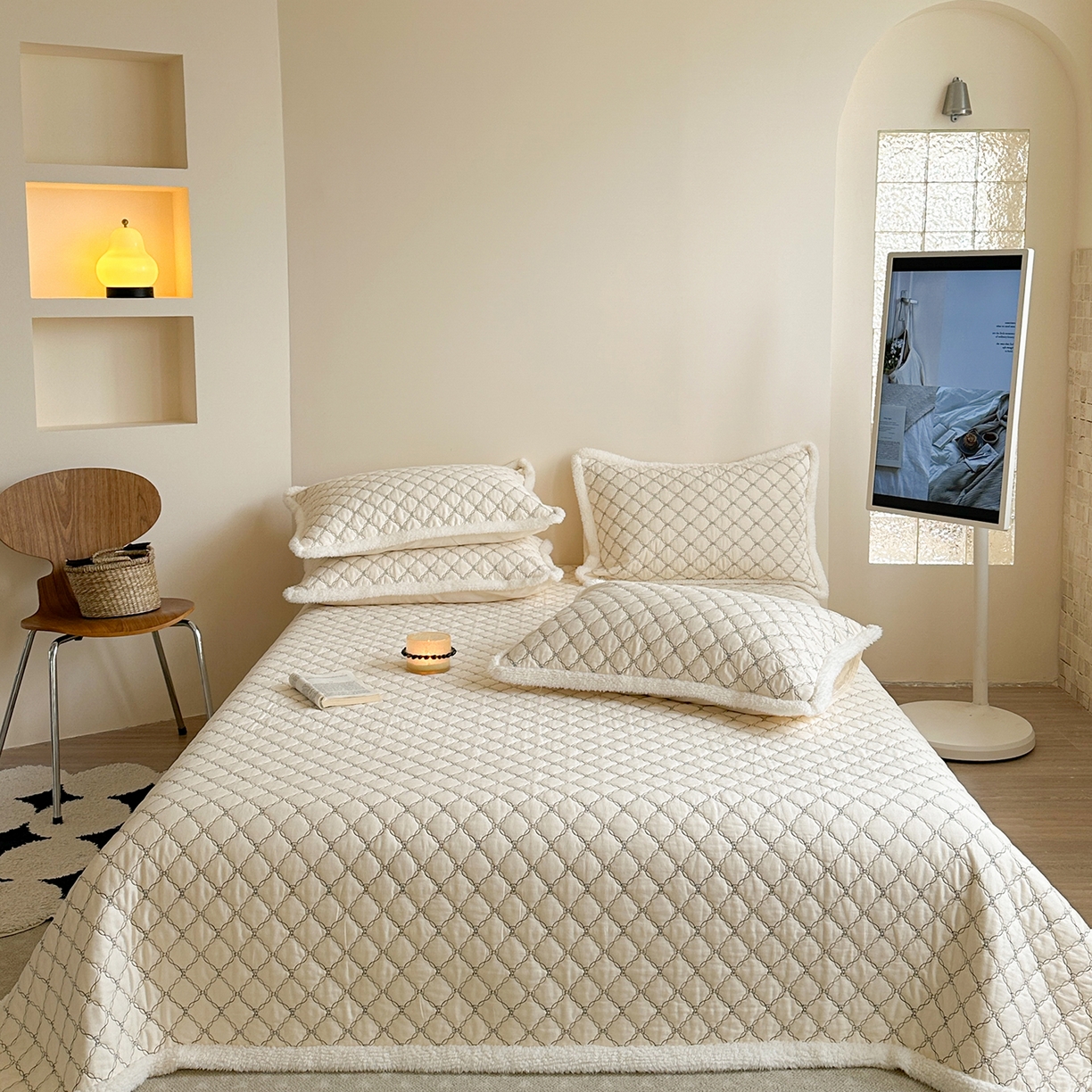 91家纺网 家纺一手货源 找家纺 （总）漫调家纺 2025新款全棉ins风蝴蝶结韩系奶油花边床盖三件套