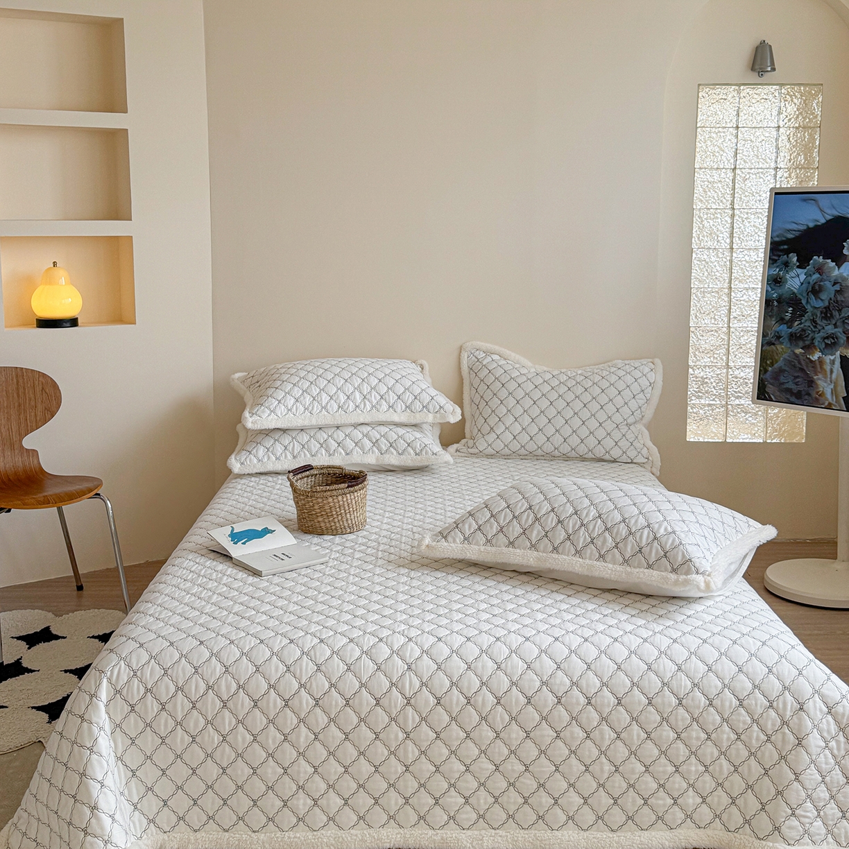 漫调家纺 2025新款全棉ins风蝴蝶结韩系奶油花边床盖三件套 奶油白