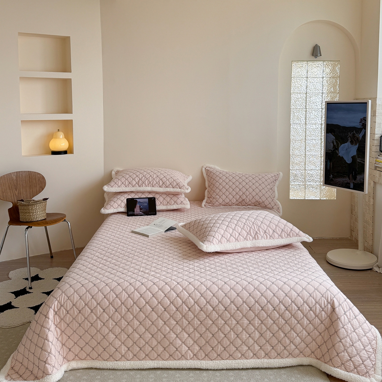 漫调家纺 2025新款全棉ins风蝴蝶结韩系奶油花边床盖三件套 奶油粉