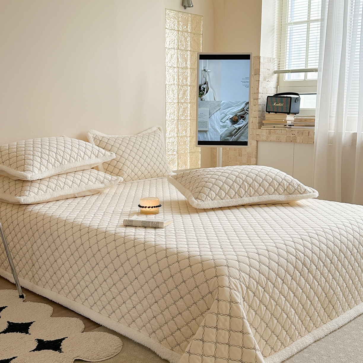 91家纺网 家纺一手货源 找家纺 漫调家纺 2025新款全棉ins风蝴蝶结韩系奶油花边床盖三件套 奶油杏