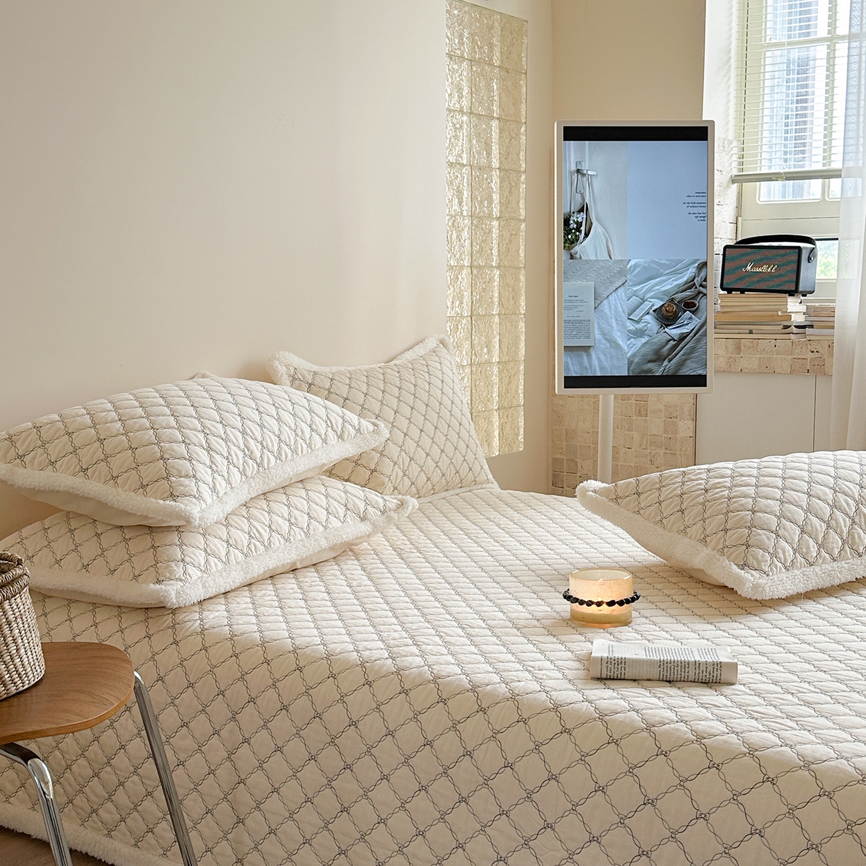 91家纺网 家纺一手货源 找家纺 漫调家纺 2025新款全棉ins风蝴蝶结韩系奶油花边床盖三件套 奶油杏