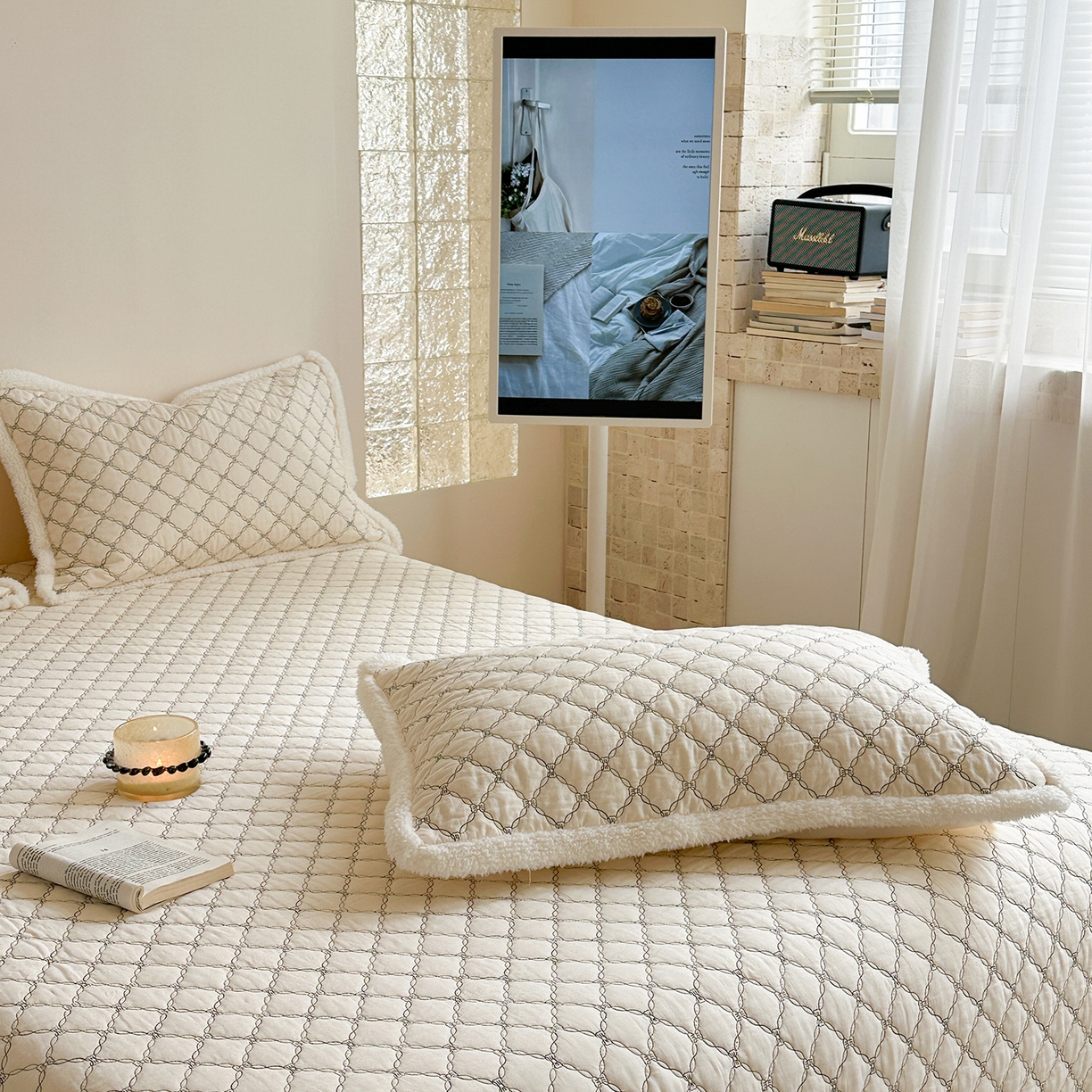 91家纺网 家纺一手货源 找家纺 漫调家纺 2025新款全棉ins风蝴蝶结韩系奶油花边床盖三件套 奶油杏