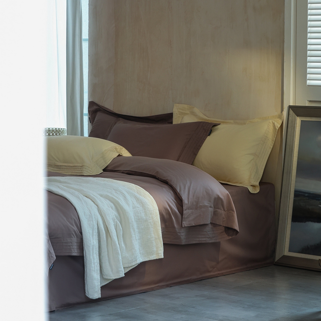 91家纺网 家纺一手货源 找家纺 佳汐蓝家纺 2025新款静奢简约高级质感超细旦天丝棉磨毛系列四件套-热可可 蒙太奇-乌龙茶咖