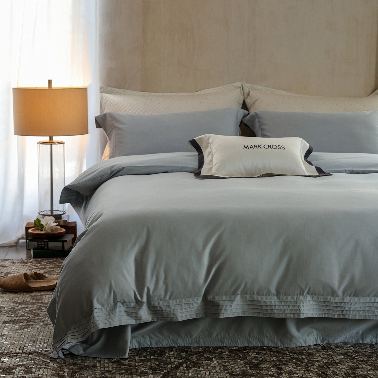 91家纺网 家纺一手货源 找家纺 佳汐蓝家纺 2025新款静奢简约高级质感超细旦天丝棉磨毛系列四件套-热可可 蒙太奇-远天蓝