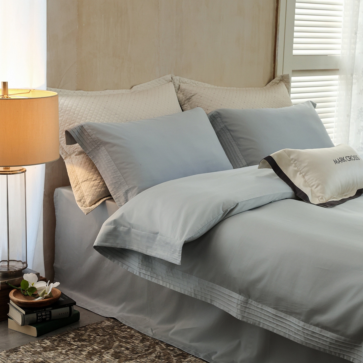 91家纺网 家纺一手货源 找家纺 佳汐蓝家纺 2025新款静奢简约高级质感超细旦天丝棉磨毛系列四件套-热可可 蒙太奇-远天蓝