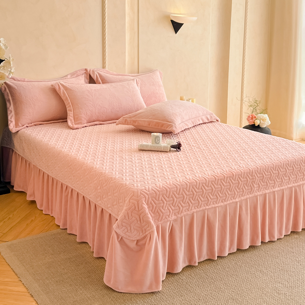 91家纺网 家纺一手货源 找家纺 孟鑫家纺 2025新款加厚全消光雕花牛奶绒床盖四件套-维纳斯系列 豆沙