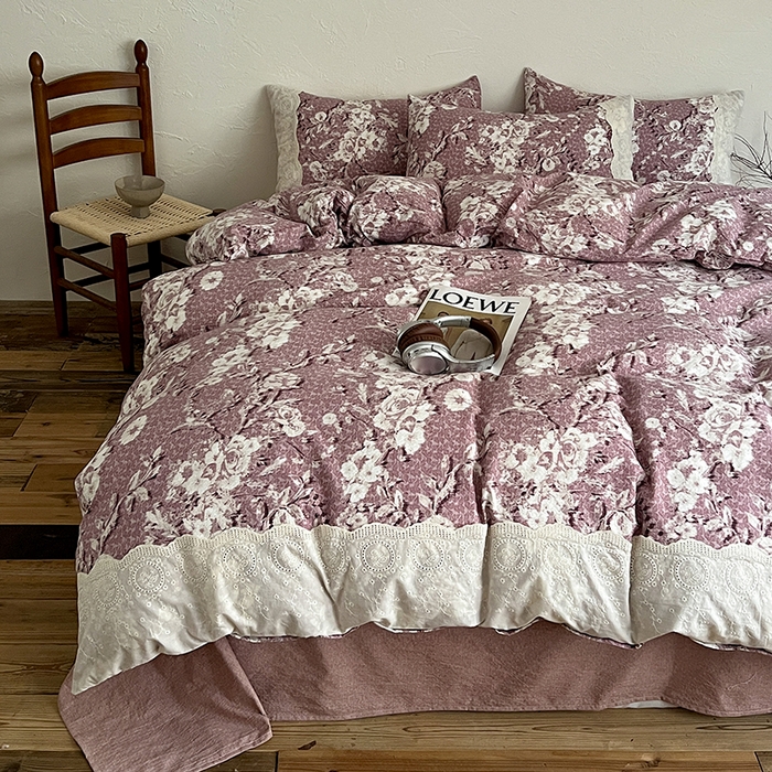 91家纺网 家纺一手货源 找家纺 梦纤绒 2025秋冬新品A类高克重亚麻复古全棉花边侘寂风原麻系列铃兰