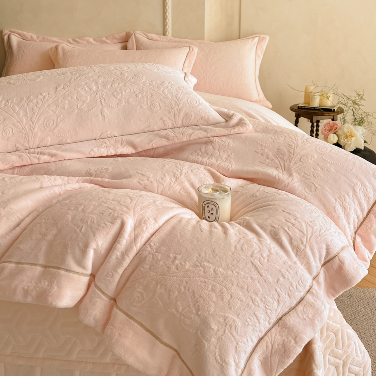 91家纺网 家纺一手货源 找家纺 孟鑫家纺 2025新款加厚全消光雕花牛奶绒床盖四件套-维纳斯系列 樱花粉