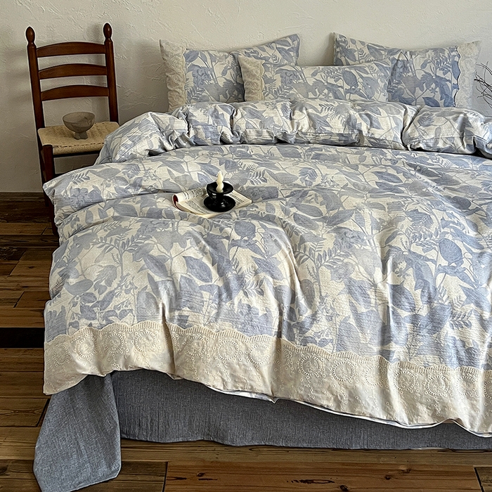 91家纺网 家纺一手货源 找家纺 梦纤绒 2025秋冬新品A类高克重亚麻复古全棉花边侘寂风原麻系列木槿兰