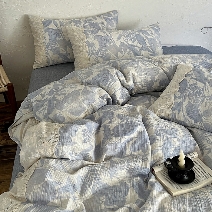 91家纺网 家纺一手货源 找家纺 梦纤绒 2025秋冬新品A类高克重亚麻复古全棉花边侘寂风原麻系列木槿兰