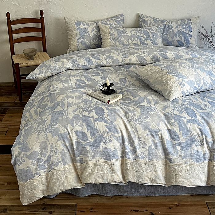 91家纺网 家纺一手货源 找家纺 梦纤绒 2025秋冬新品A类高克重亚麻复古全棉花边侘寂风原麻系列木槿兰