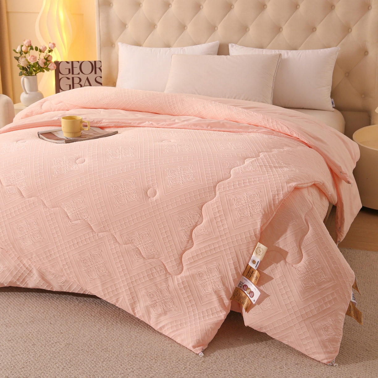 91家纺网 家纺一手货源 找家纺 首爱家纺 2025新款A类针织提花进口羊毛子母被被子被芯 针织提花-粉色