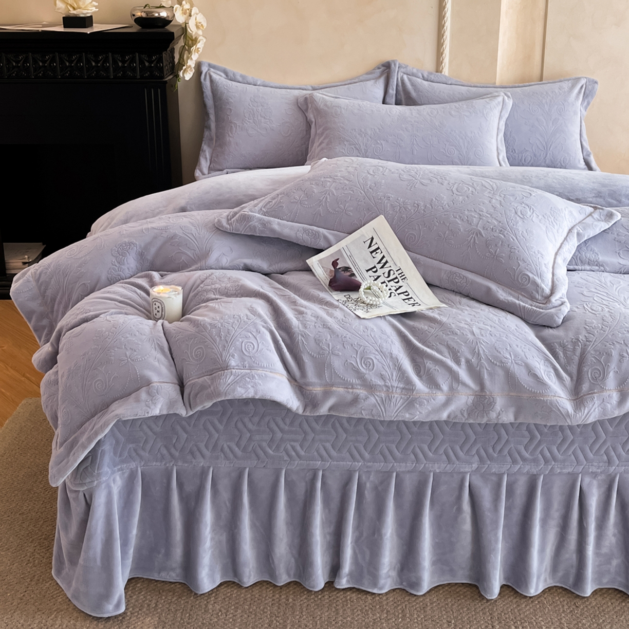 91家纺网 家纺一手货源 找家纺 孟鑫家纺 2025新款加厚全消光雕花牛奶绒床盖四件套-维纳斯系列 香芋紫