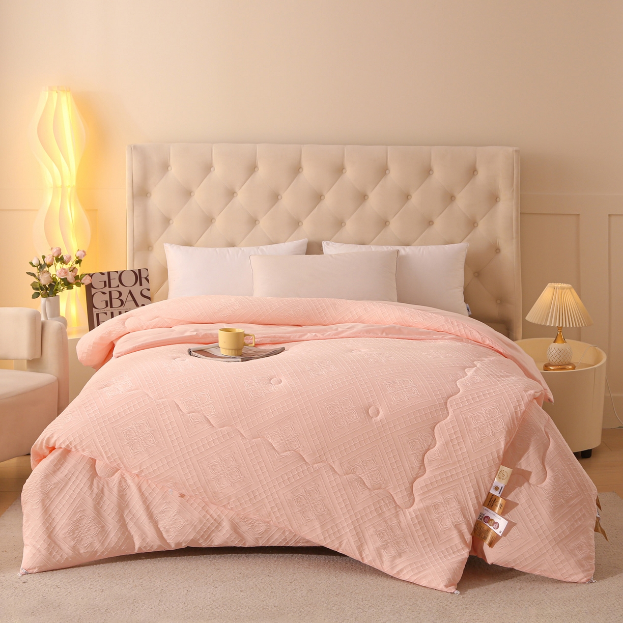 91家纺网 家纺一手货源 找家纺 首爱家纺 2025新款A类针织提花进口羊毛子母被被子被芯 针织提花-粉色