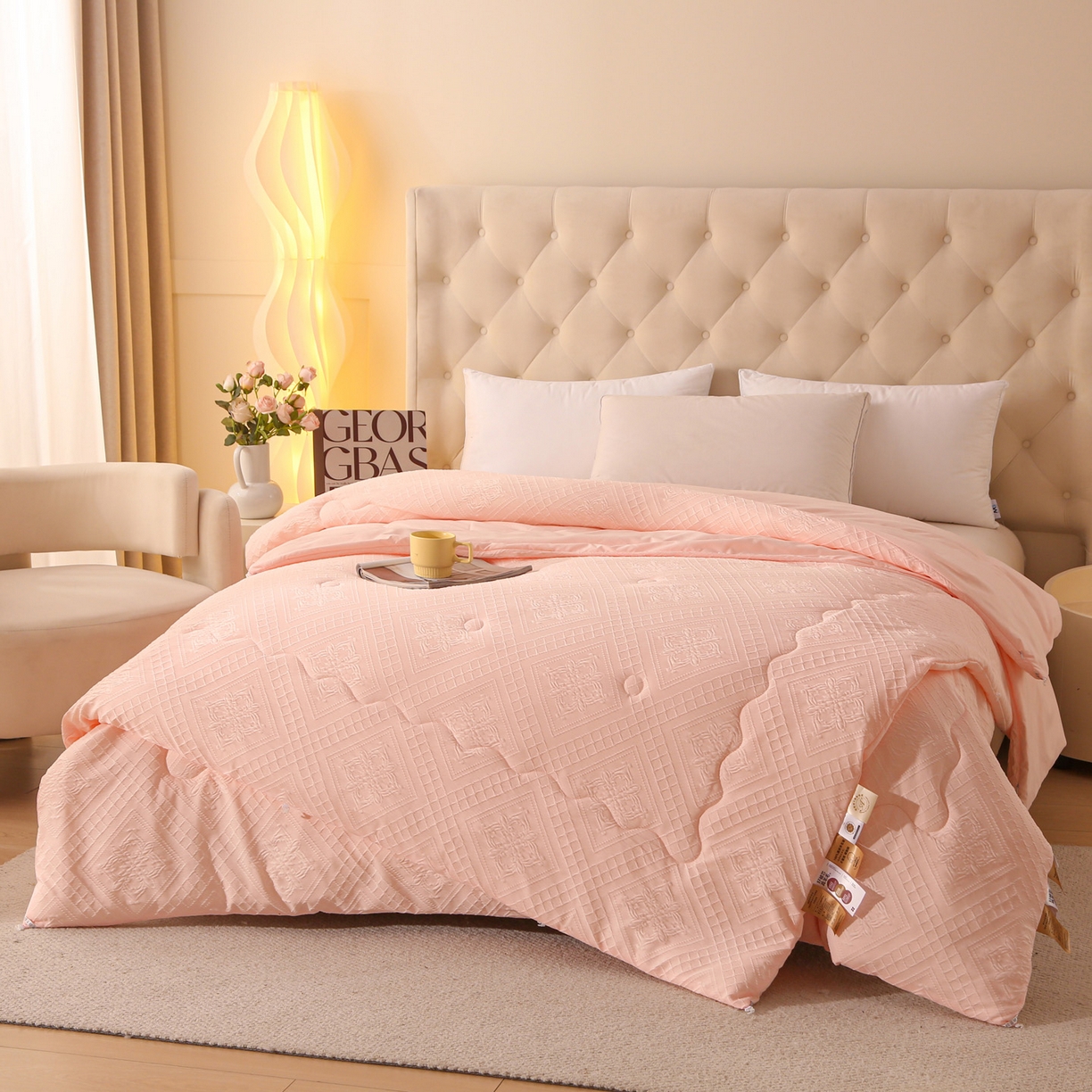 91家纺网 家纺一手货源 找家纺 首爱家纺 2025新款A类针织提花进口羊毛子母被被子被芯 针织提花-粉色