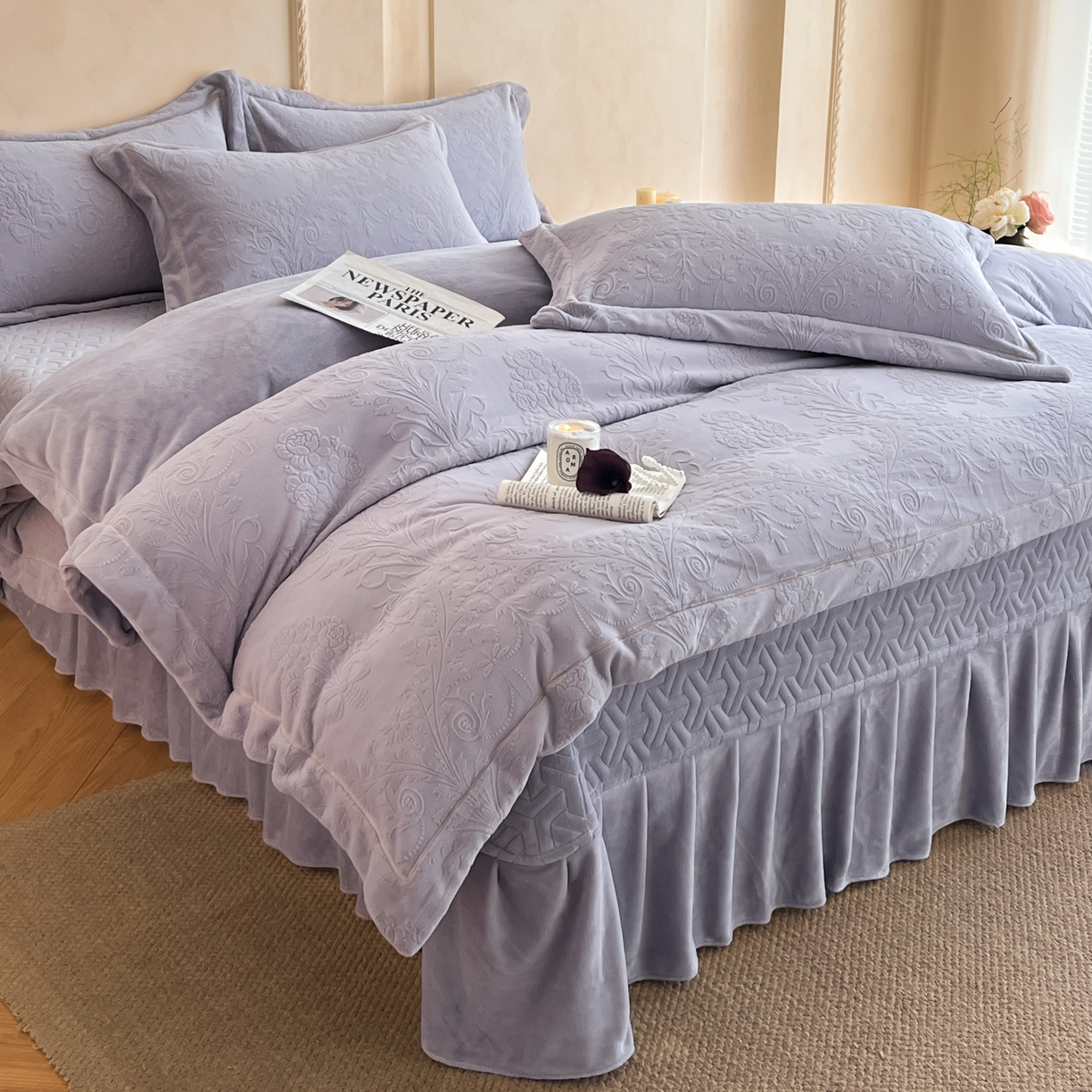 91家纺网 家纺一手货源 找家纺 孟鑫家纺 2025新款加厚全消光雕花牛奶绒床盖四件套-维纳斯系列 香芋紫