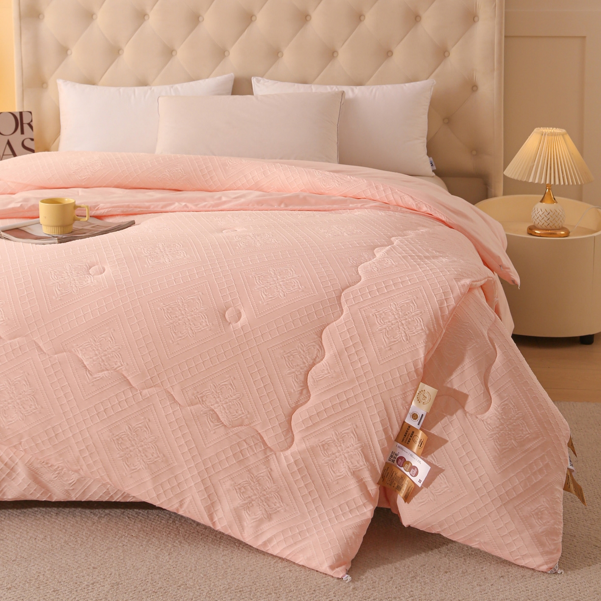 91家纺网 家纺一手货源 找家纺 首爱家纺 2025新款A类针织提花进口羊毛子母被被子被芯 针织提花-粉色