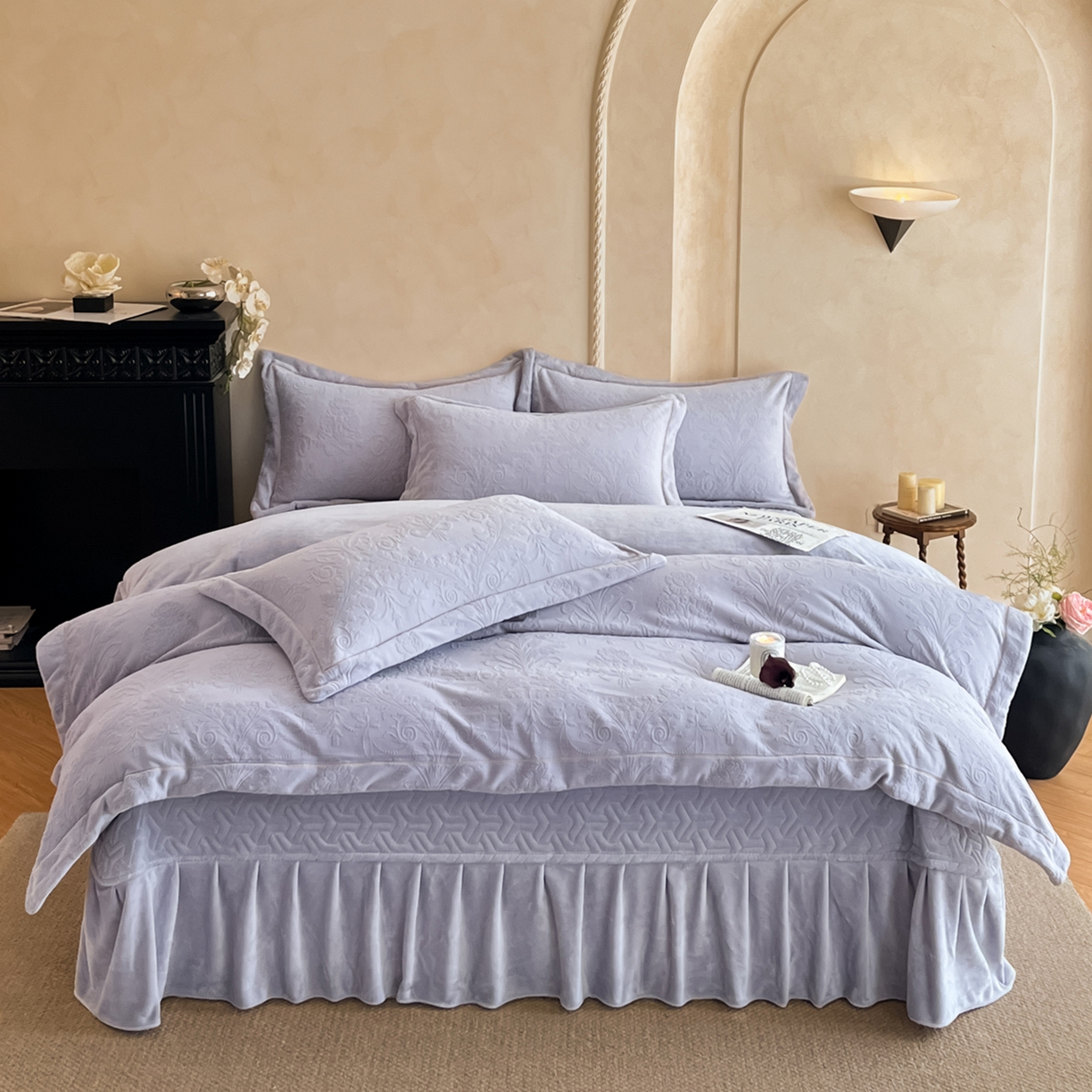 孟鑫家纺 2025新款加厚全消光雕花牛奶绒床盖四件套-维纳斯系列 香芋紫