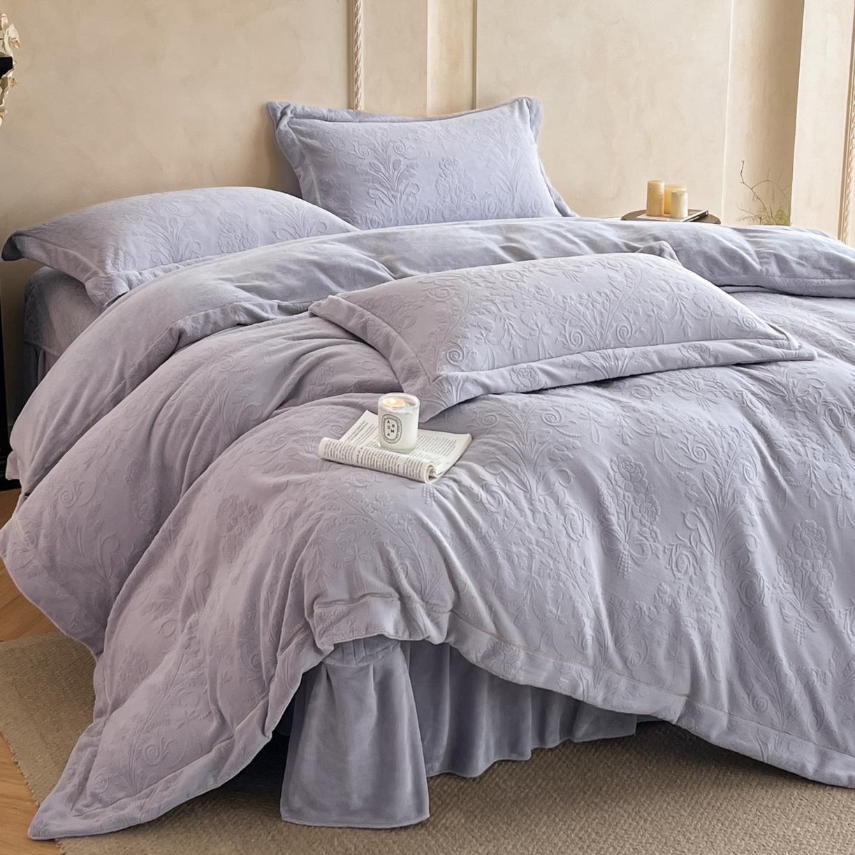 91家纺网 家纺一手货源 找家纺 孟鑫家纺 2025新款加厚全消光雕花牛奶绒床盖四件套-维纳斯系列 香芋紫