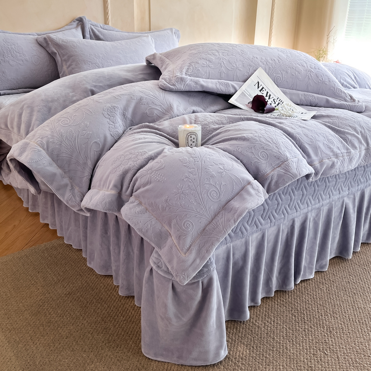91家纺网 家纺一手货源 找家纺 孟鑫家纺 2025新款加厚全消光雕花牛奶绒床盖四件套-维纳斯系列 香芋紫