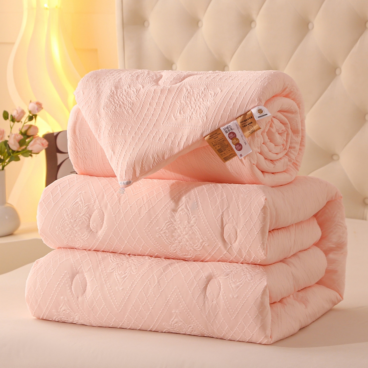 91家纺网 家纺一手货源 找家纺 首爱家纺 2025新款A类针织提花进口羊毛子母被被子被芯 针织提花-粉色