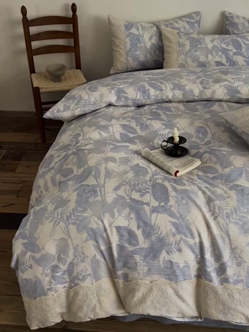 91家纺网 家纺一手货源 找家纺 梦纤绒 2025秋冬新品A类高克重亚麻复古全棉花边侘寂风原麻系列木槿兰