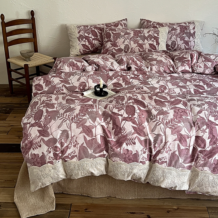 91家纺网 家纺一手货源 找家纺 梦纤绒 2025秋冬新品A类高克重亚麻复古全棉花边侘寂风原麻系列木槿红