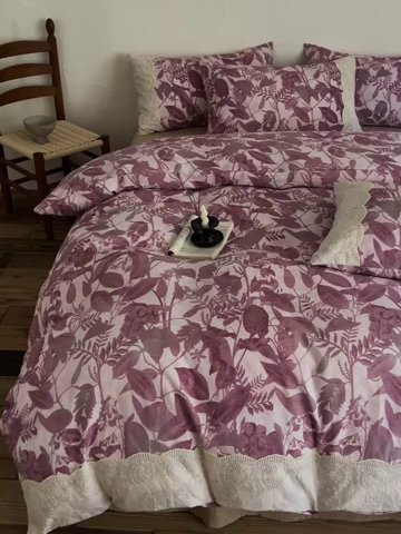 91家纺网 家纺一手货源 找家纺 梦纤绒 2025秋冬新品A类高克重亚麻复古全棉花边侘寂风原麻系列木槿红